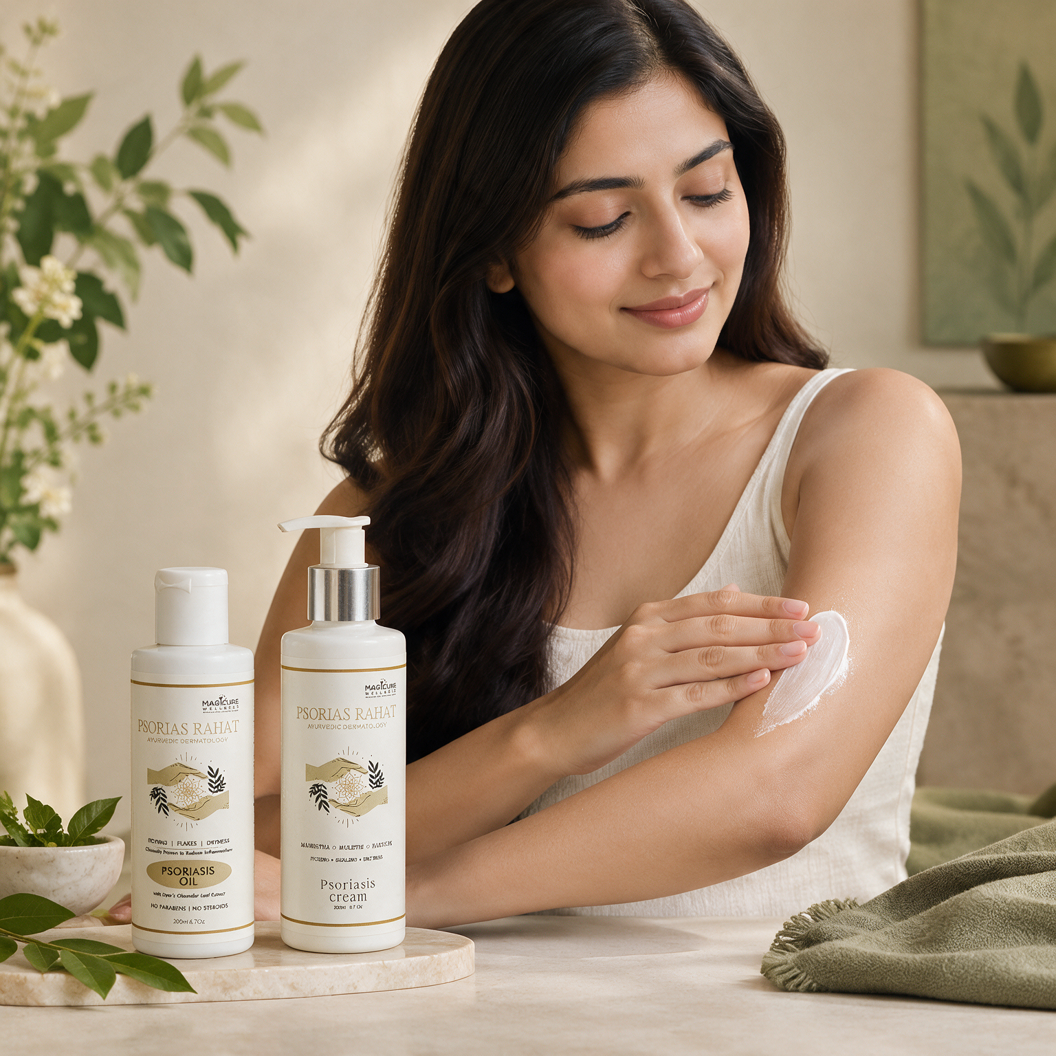 Original Psorias Rahat Oil and Psorias Rahat Cream bottles by Magicure Wellness